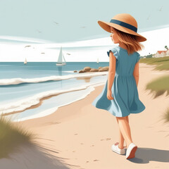 Fototapeta na wymiar young girl with hat walks on the beach by the sea childrens book illustration style. ai generative
