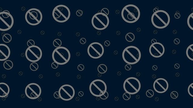 Stop symbols float horizontally from left to right. Parallax fly effect. Floating symbols are located randomly. Seamless looped 4k animation on dark blue background