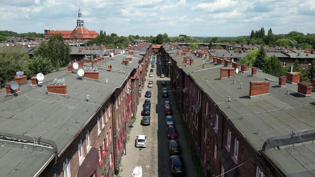 Flight over "familoks", houses in Nikiszowiec district of Katowice, Poland
