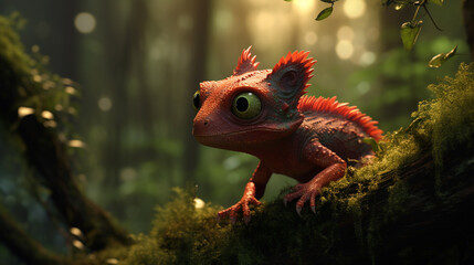 a beautiful, magically fabulous red lizard with big green eyes that is in the forest on the moss