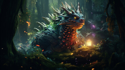 beautiful evil big magic fat dragon in the middle of the dark forest