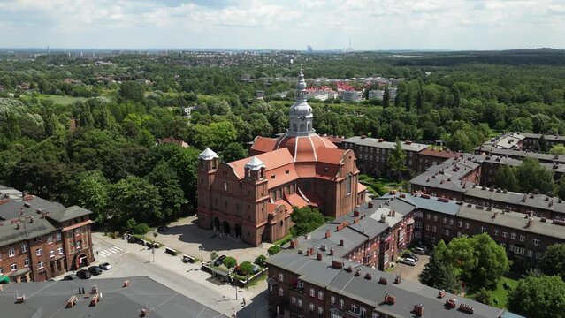 Aerial view of St. Anne's Church in Nikiszowiec district, Katowice, Poland