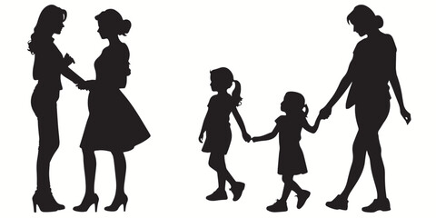 Mom silhouettes and icons. Black flat color simple elegant white background Mom vector and illustration.