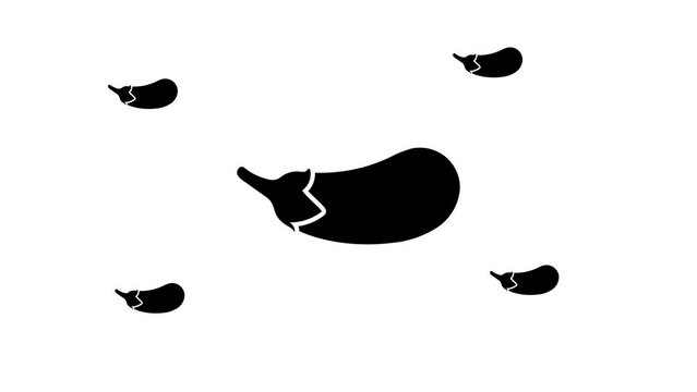 Zoom in and out animation the eggplant symbol. Large black symbol in the center and four small symbols around. Seamless looped 4k animation on white background