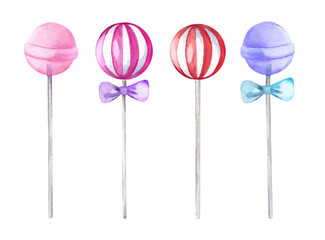 Watercolor illustration with bright candies and lollipops isolated on a white background. Collection of cozy hand drawn elements for menu and cards design