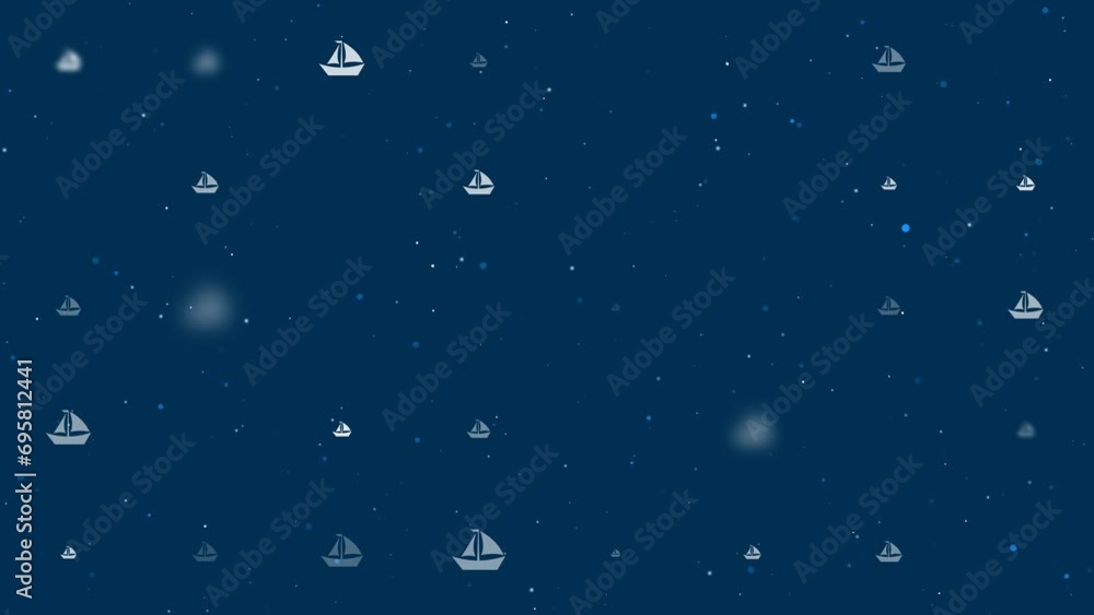 Poster template animation of evenly spaced sailing boat symbols of different sizes and opacity. animation o