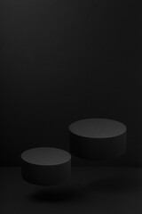 Two black round podiums levitate, mockup on black background with shadow. Template for presentation...