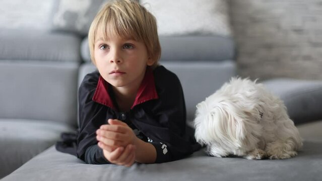 Cutel little child, boy in halloween costume, lying on the couch with pet dog, watching TV