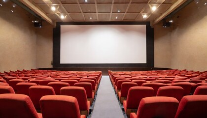POV inside of Empty cinema with red chairs and white blank screen wall with dim light for mock up template