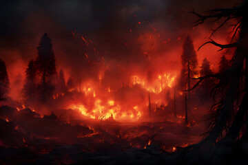 Burning forest at night. Fire and smoke in the forest