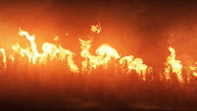 A huge flame on the background of the forest, trees are burning