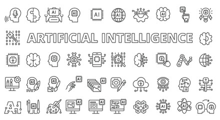 AI icons line design. Deep learning, artificial intelligence, intelligence, generative AI, artificial, drawing AI, neural network, chatbot vector illustrations. AI editable stroke icons.