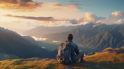 Fototapeta premium a man with a big backpack sits high on the hill and admires the incredible view of the mountains and the beautiful sky with clouds