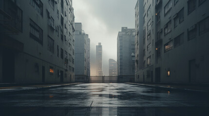 gray minimalist cityscape of empty wet street and simple concrete houses - obrazy, fototapety, plakaty