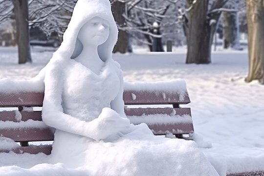 woman made out of snow sitting on a bench in a park in winter time