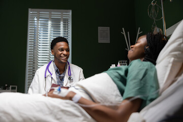 African conversation between the patient and the doctor occurs in the hospital room regarding the...