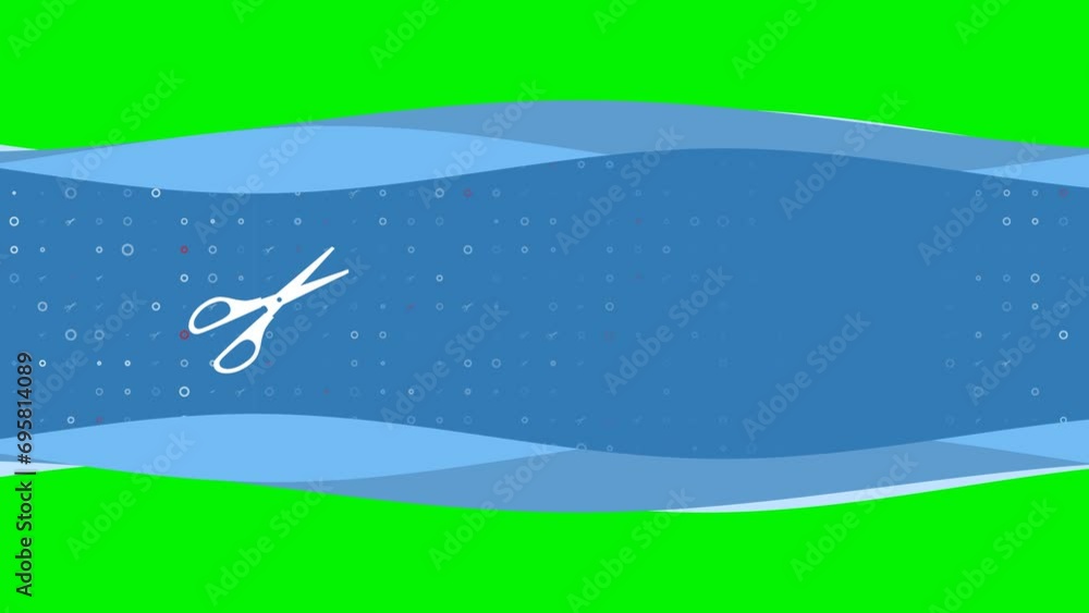 Poster animation of blue banner waves movement with white scissors symbol on the left. on the background th