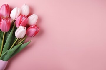 Fototapeta premium Spring background card Pink tulips in pastel pink background close-up. Fresh flowers for horizontal flower poster, wallpaper or postcard.