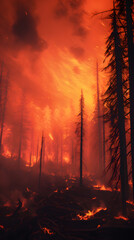 Burning forest after wildfire in Yellowstone National Park, Wyoming, USA