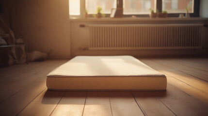 Mattress on wooden floor in living room at home, soft focus
