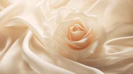 soft light, cream shade of silk fabric with which a very beautiful rose flower of the same color merges, the image conveys lightness and tenderness - obrazy, fototapety, plakaty