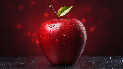 one beautiful ripe red apple with a leaf and water drops on it on a red background