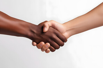 Handshake of two black people, closeup on white background - obrazy, fototapety, plakaty