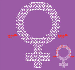 Labyrinth inside the shape of international female gender sign. Venus symbol maze with solution. Creative and original flat puzzle design. Vector illustration