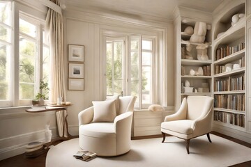 A tranquil cream-colored reading nook featuring a plush armchair bathed in natural light, providing a peaceful haven within a tastefully decorated living space.