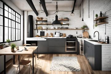 A kitchenette in a loft apartment, compact yet stylishly designed with industrial accents and modern appliances.