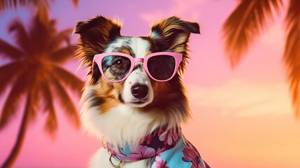Dog In A Hawaiian Shirt And Lei Ready For A Luau Pastel Light Purple And Light Crimson Background - obrazy, fototapety, plakaty