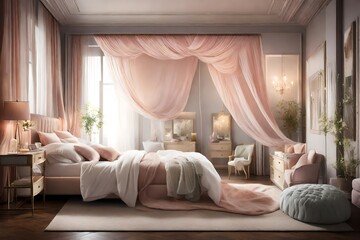 A dreamy bedroom with sheer canopy curtains, a plush upholstered headboard, and soft pastel hues creating a romantic ambiance. - obrazy, fototapety, plakaty