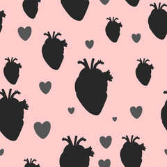 Seamless pattern of anatomy hearts on pink background. Hand drawn illustration for original St Valentine's Day, cardiology materials or clinic decor.