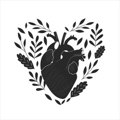 Human anatomical heart among the leaves in a heart geometrical shape. Black silhouette for tattoo, postcard, logo, sticker, etc.