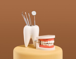 Dental instruments and the human jaw on the podium. Set for dental hygiene and treatment.