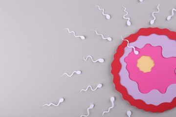 Fertilization concept. Sperm cells swimming towards egg cell on gray background, top view with...