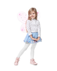 Cute little girl in fairy costume with pink wings on white background