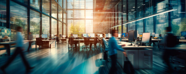 Workers at computers in an open plan workspace with large windows. Company, startup. Panoramic view, showing corporate life and teamwork dynamics. blurry background. Ultra wide banner. Copy space