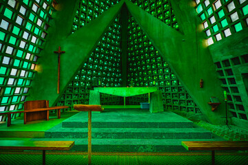 The abandoned green alien church in France.