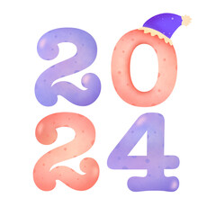 Watercolor hand-drawn illustration numbers 2024 in pastel purple and pink,with a New Year's party hat on top of the number zero