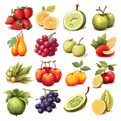 fruit, apple, food, orange, isolated, collection, strawberry, pineapple, banana, fruits, kiwi, pear, lemon, white, set, plum, fresh, cherry, peach, grape, red, mango, pomegranate, healthy, vegetable