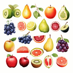 fruit, apple, food, pear, orange, strawberry, isolated, collection, lemon, banana, green, kiwi, fruits, fresh, peach, red, plum, cherry, set, grape, pineapple, healthy, icon, vector, citrus