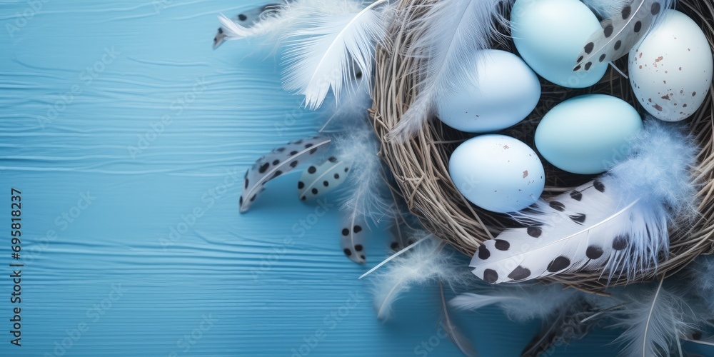 Poster A rustic Easter-themed arrangement featuring colorful eggs and feathers in a nest, creating a festive and cheerful atmosphere.