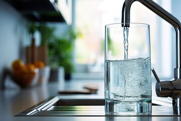 Pouring pure, clean water from a kitchen tap into a glass with refreshing bubbles.