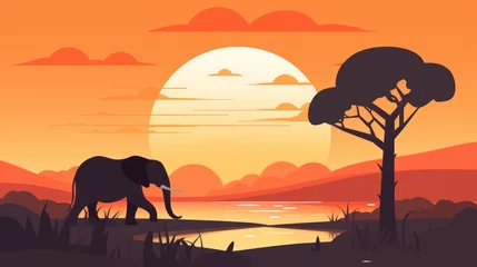 Fensteraufkleber Animated Elephant and Landscape Background with Empty Copy Space for Text - Elephant and Landscape Backdrop - Flat Vector Elephant Graphic Illustration Wallpaper created with Generative AI Technology © Sentoriak