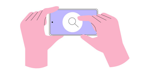 People searching with search tab through mobile app on internet on smartphone. Curious characters find information, research concept. Flat graphic vector illustration isolated on white background