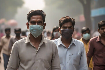 Indian men walking on the street wearing mask. - obrazy, fototapety, plakaty