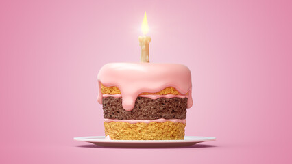 Birthday cake with creme and burning candle. Sweet dessert for birthday party celebration. 3D illustration. - obrazy, fototapety, plakaty