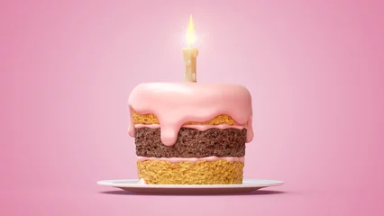 Fotobehang Birthday cake with creme and burning candle. Sweet dessert for birthday party celebration. 3D illustration. © LoopAll