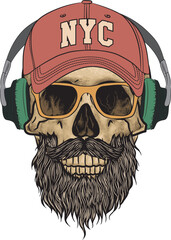 Vector illustration Hand drawn Human Skull listening to music on headphonesn with a cap t-shirt Design.ai